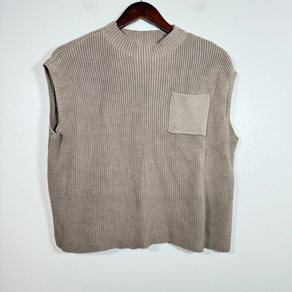 Fashion Ribbed Mock Neck Oversized Sweater Vest Size Large Taupe